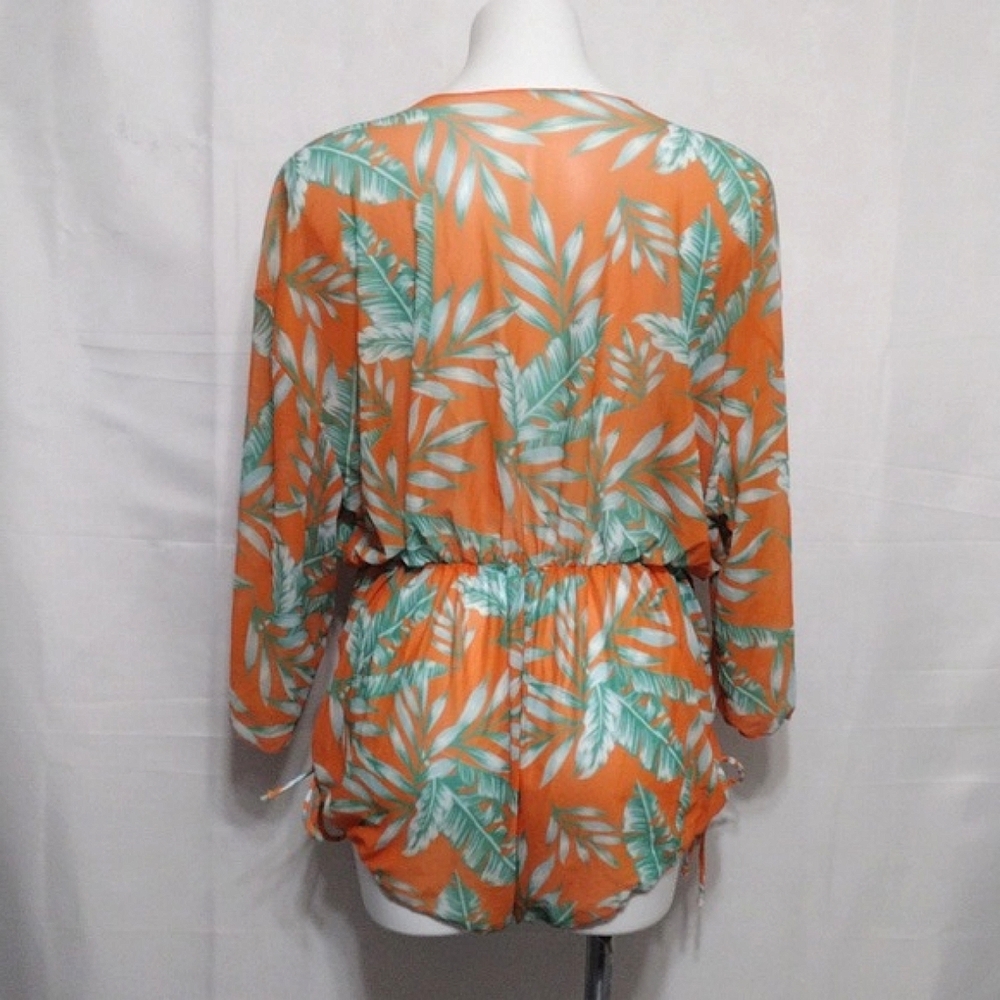 Sheer Tropical Cover Up Romper Plunge V Neck Cinched Waist Beach Resort XL - Picture 11 of 14